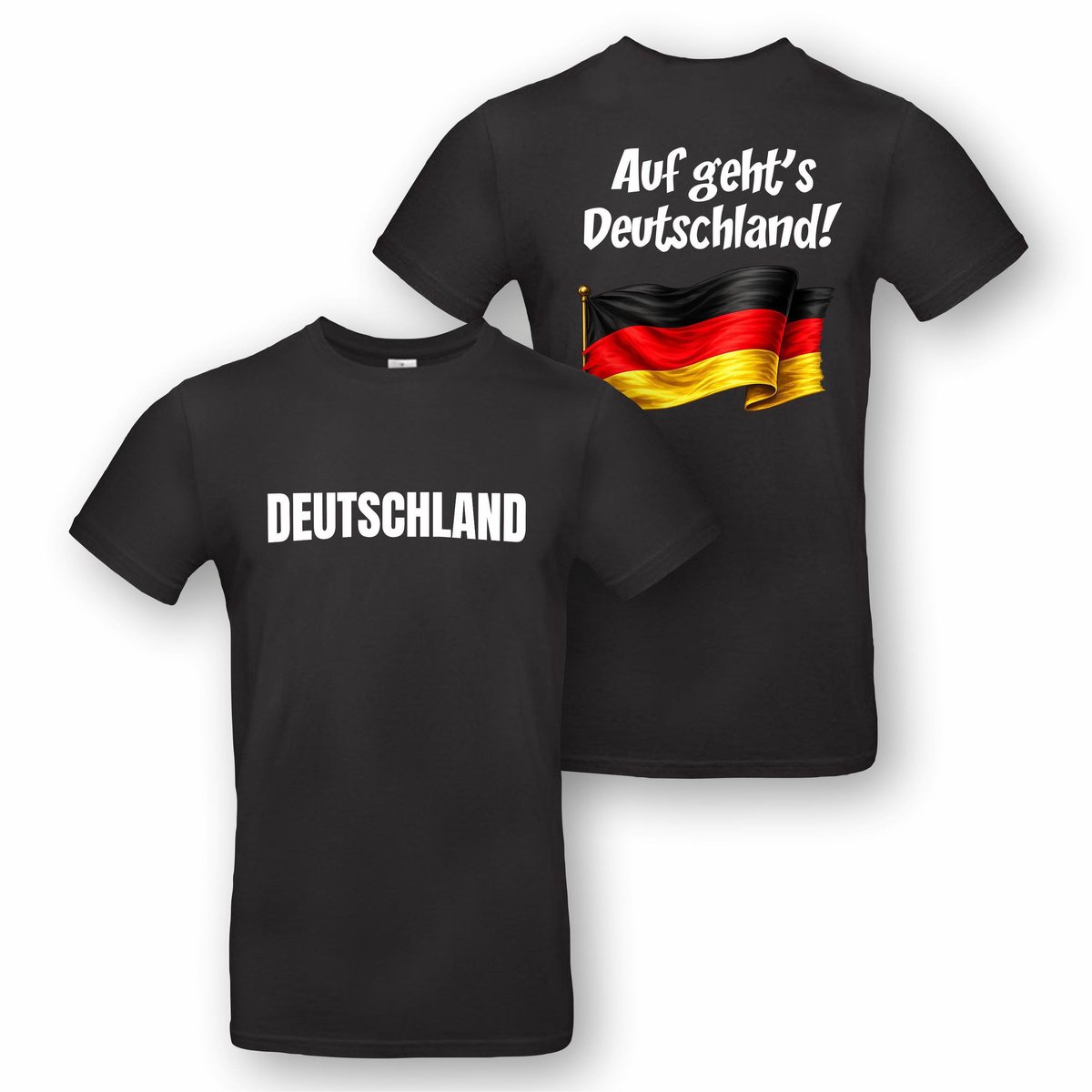 Zwart t-shirt met "Deutschland" en "Auf geht's Deutschland!" - maat S - WK 2026, shirt, Duitsland, Duitse vlag, die mannschaft, fussball, fußball, germany, german supporter, voetbal, supporters, voetbalfan, unisex, cadeautje