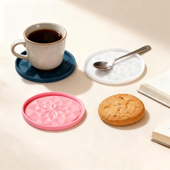 Herbruikbare Yoghurt Deksel - Siliconen Deksel Beker - Lekvrij Bewaren - Omkeerbaar Onderzetter - 9.5 cm Diameter - Blauw Roze Wit — afbeelding 5