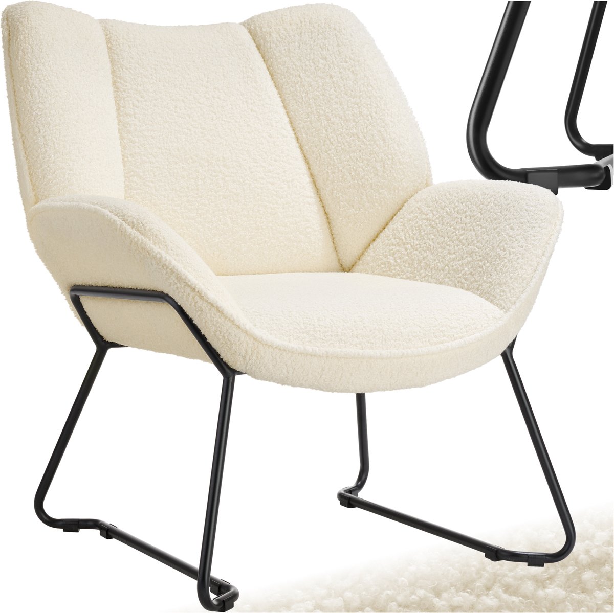 Tectake Loungefauteuil - Ronde relaxfauteuil - Teddyfauteuil - Gestoffeerde stoel - Bouclé bekleding - Leesfauteuil van pluche - Scandinavische stijl - creme wit