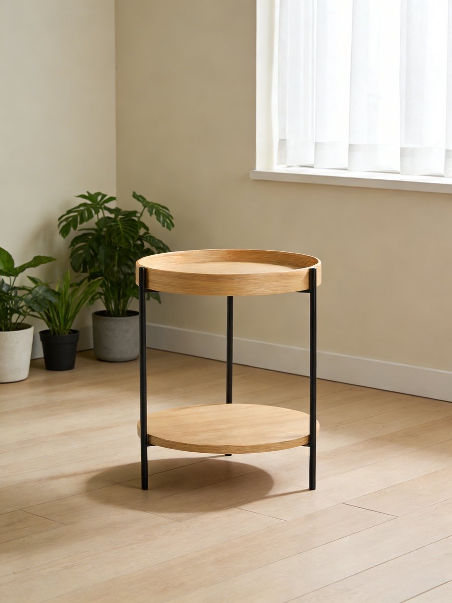 NJLYUHOME Home - Ronde 2-laags bijzettafel met metalen frame - Ø44 x 48 cm - MDF met essen fineer - Scandinavisch design