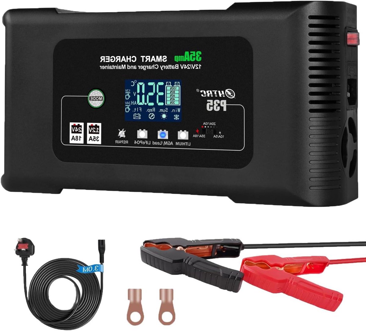 Acculader - Accu onderhouder - Voertuigen opladen - Automatische spanningselectie - 35 Ampère - Zwart
