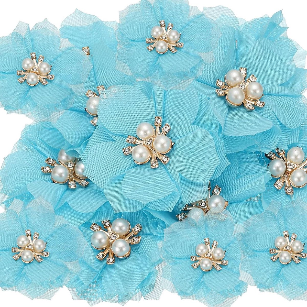 Chiffon Bloem Applicaties - Stoffen Bloemen Parels - Ambachtelijke Decoratie - Met Parels Strass - 60mm 15 Stuks - Meerblauw