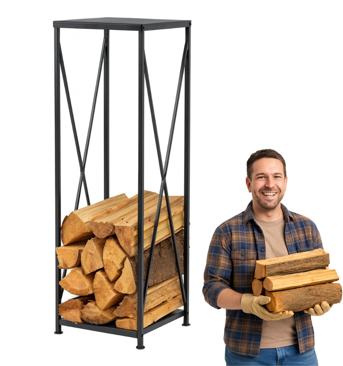 Anwicar Houtopslag - Metaal Houtrek Haardhout Opslag - Brandhout Rek met Stalen Frame - Brandhoutrek Haardhoutrek 34 x 33 x 112 cm