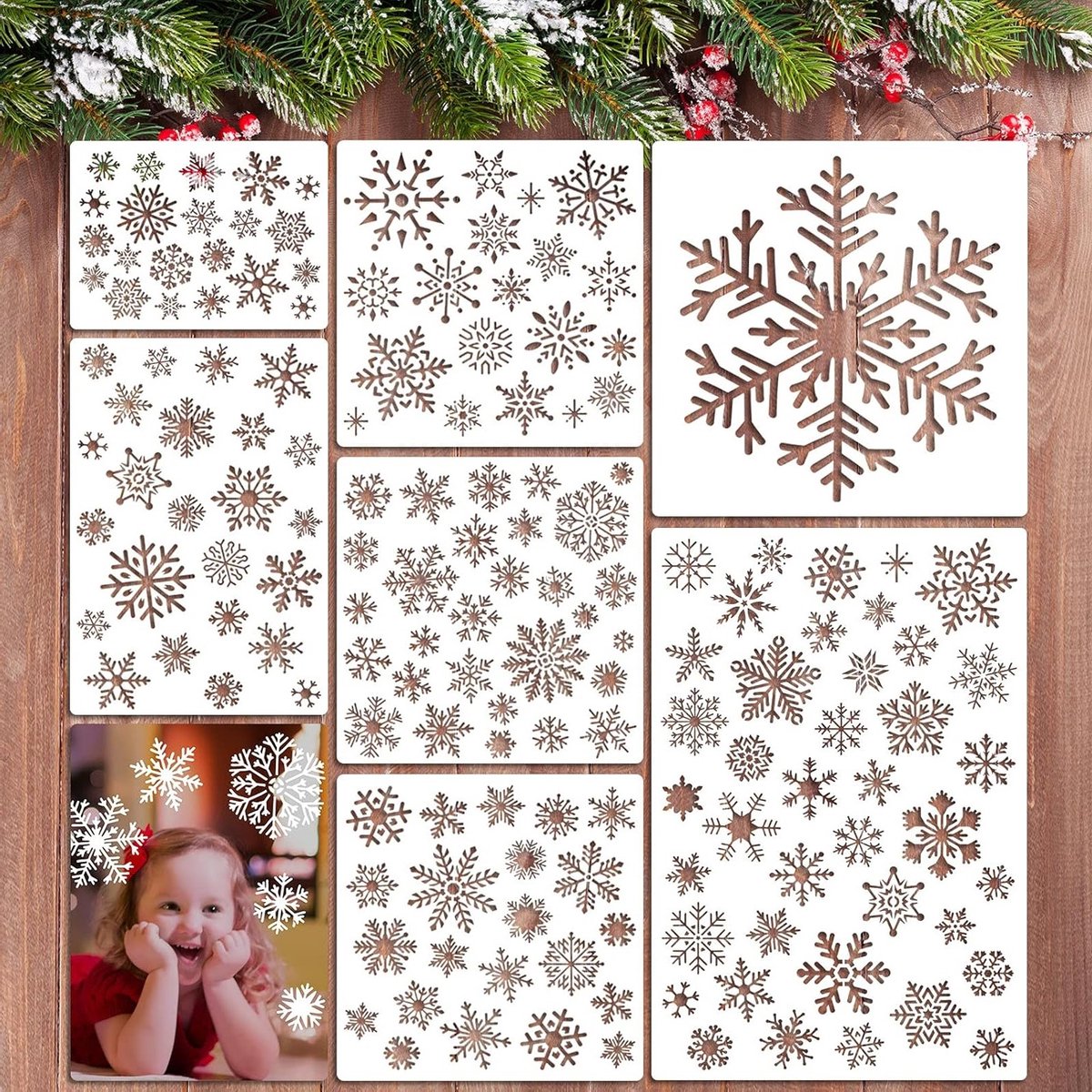 Herbruikbare sneeuwvlok sjablonen voor kerstdecoratie - 7 stuks plastic templates voor schilderen, knutselen en scrapbooking op ramen, muren en deuren