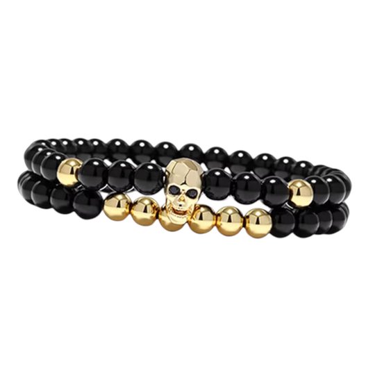 Bracelets en perles noires avec crane doré et perles dorées