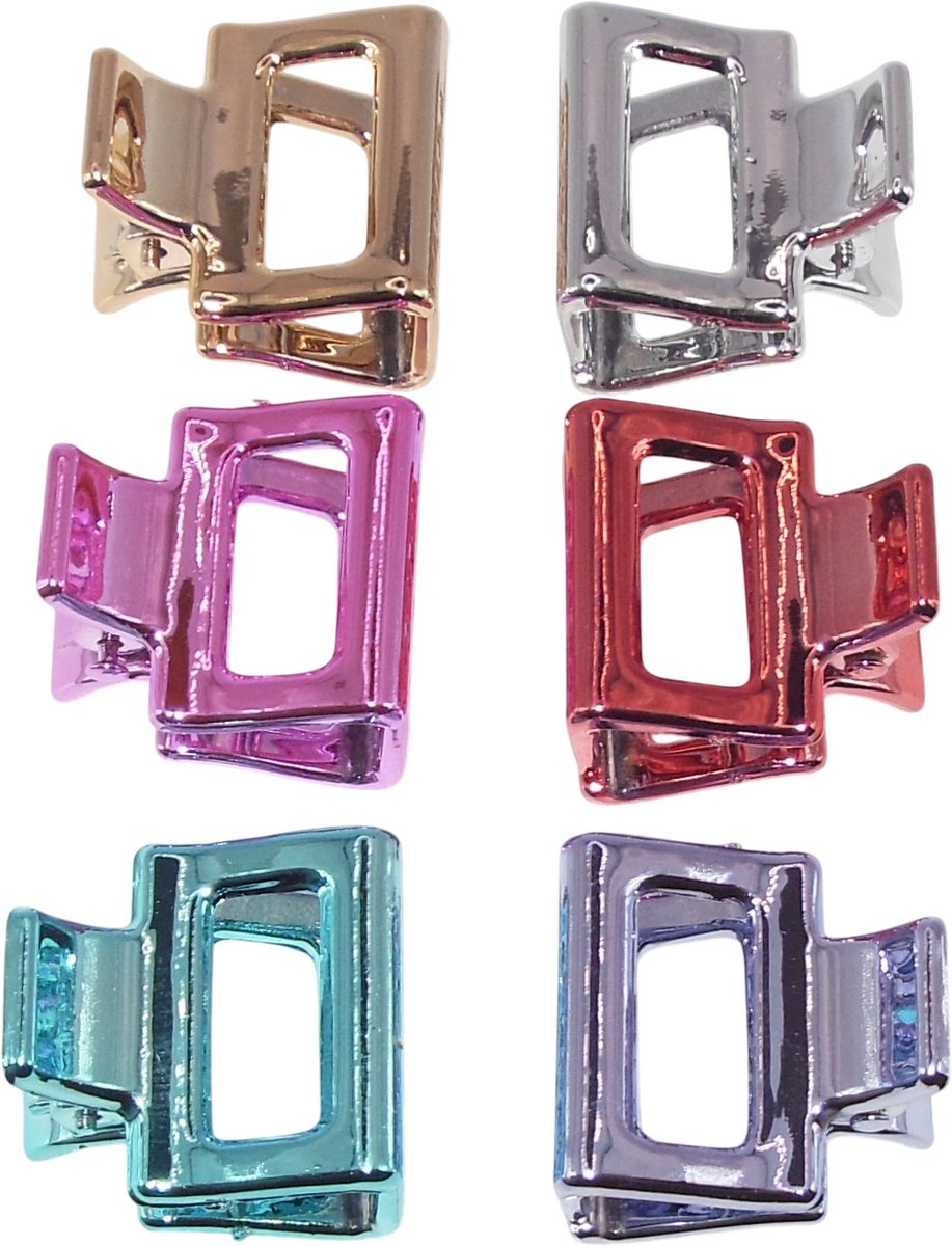 Haarklemmetjes rechthoekig glanzend diverse kleuren set van 6 stuks.