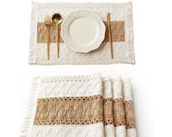 Boho Placemats – Set van 4 | Macramé Tafeldecoratie in Farmhouse-stijl | Gemaakt van Natuurlijk Katoen en Jute | Voor Keuken, Eettafel en Woondecoratie