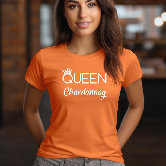 Queen Chardonnay - Aansluitend Dames T-shirt oranje Maat L- Koningsdag T-shirt dames.