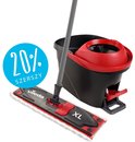 Mop Vileda Ultramax Turbo XL avec seau rouge et noir. La mop XL est rouge, noire et blanche. Seau avec fonction essorage.