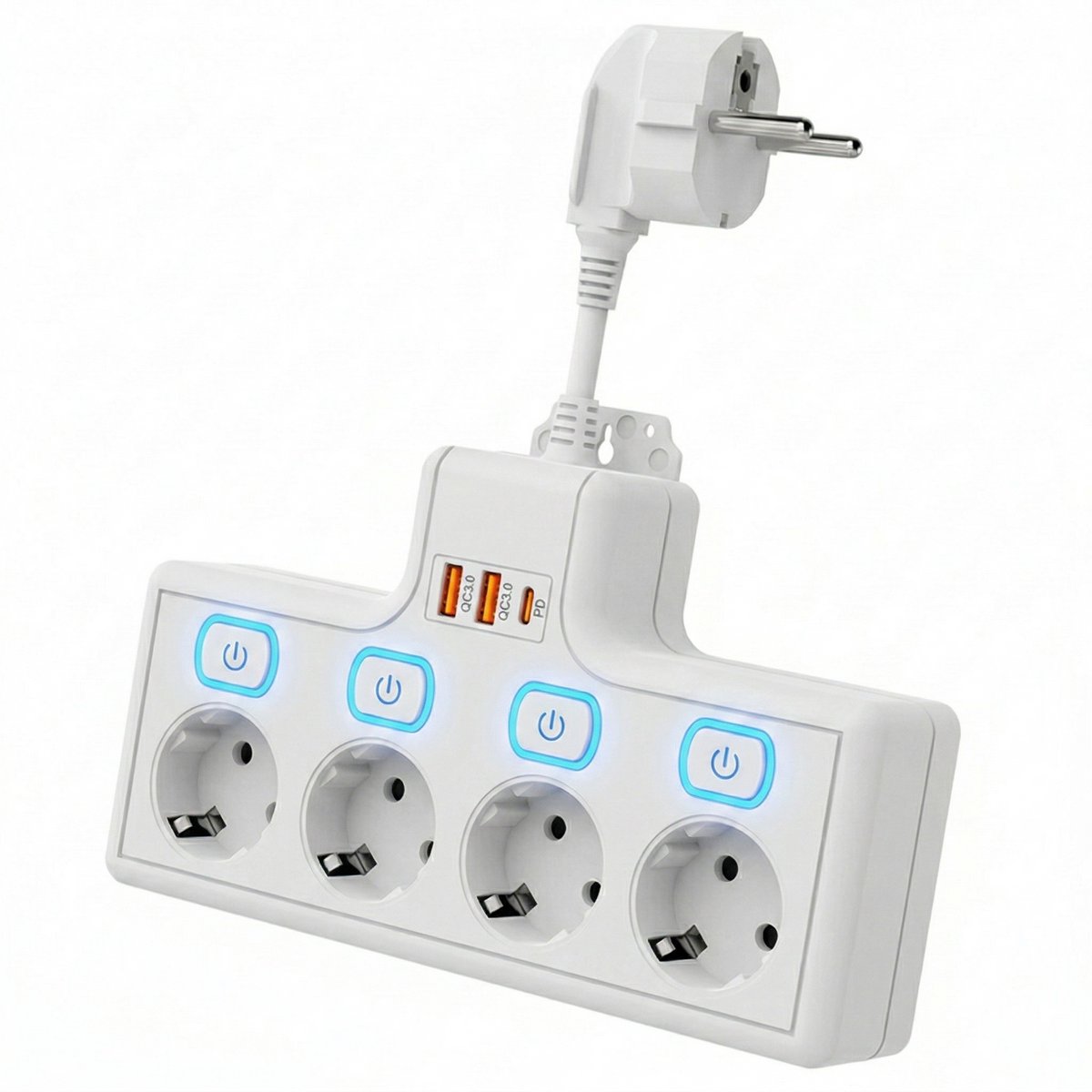 Luvonic® Stekkerdoos - Stekkerblok met Overspanningsbeveiliging - 4 Stopcontacten - Stopcontactverdeler - USB/USB-A/USB-C - Individuele Schakelaars - Wandmontage - Thuis/Kantoor/Slaapkamer - Wit