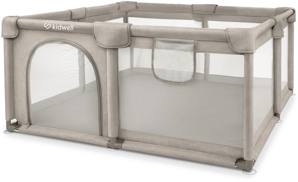 Kidwell-FANKO-babybox-grondbox-kinderbox–130x130cm–voor binnen en buiten-beige-ademend gaas-EN71-gecertificeerd-6 tot 36 maanden