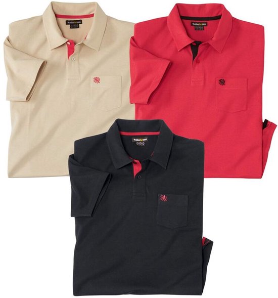 Drie herenpolo's: beige, rood en zwart, met rode accenten op de kraag.