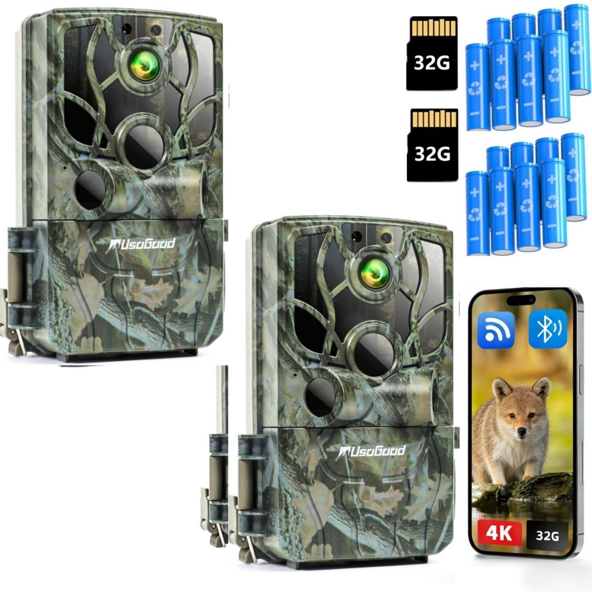 Usogood WildCamera - 4K Ultra HD & 48MP - Waterdicht - Buiten Camera met Nachtzicht en Wifi - Wildlife camera's - Nachtcamera met App – Incl. 8 batterijen, 32GB geheugenkaart – 2Stuks