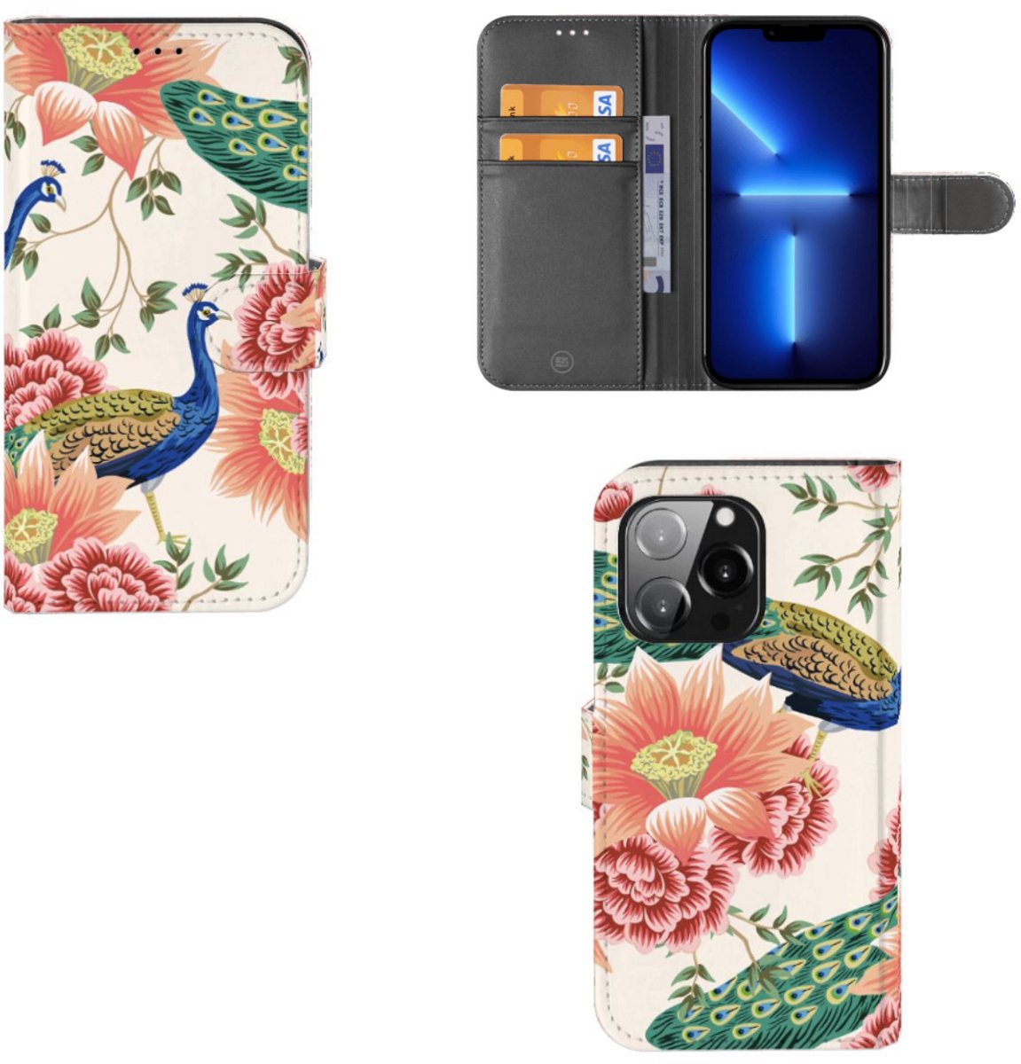 Telefoonhoesje met Pasjes voor iPhone 13 Pro Pink Peacock