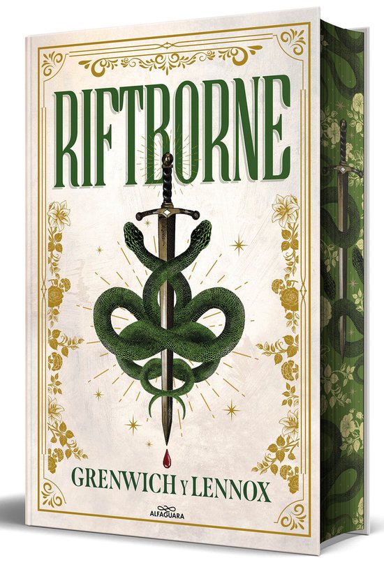 Boek met de titel 'RIFTBORNE' in groene letters. Een groen met twee hoofden slang wikkelt zich om een zwaard met een druppel bloed. Randen zijn geverfd met een slangen- en rozenpatroon.