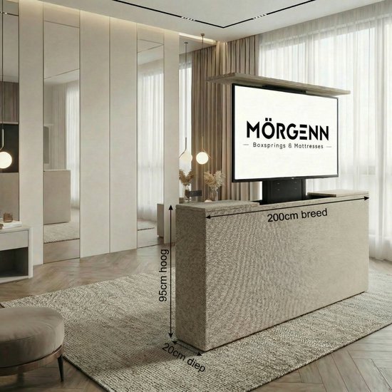 Lichtbeige gestoffeerd voetbord (120x95 cm) met een uitschuifbaar TV-scherm. Tekst: 200cm breed, 95cm hoog, 20cm diep.