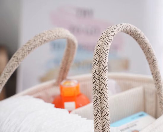Katoenen Luiermand met Handvatten - Baby Organizer met 3 Vakken - Commode Organizer / Diaper Caddy - Opbergmand Baby - Crème Beige — afbeelding 3