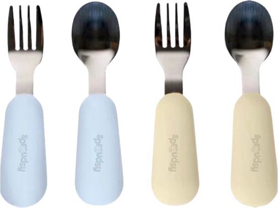 Couverts pour enfants Sproudsy - Bébé - 2 Cuillères et Fourchettes Bébé - Couverts Bébé - Sans BPA - Acier Inoxydable - Bleu Clair Beige