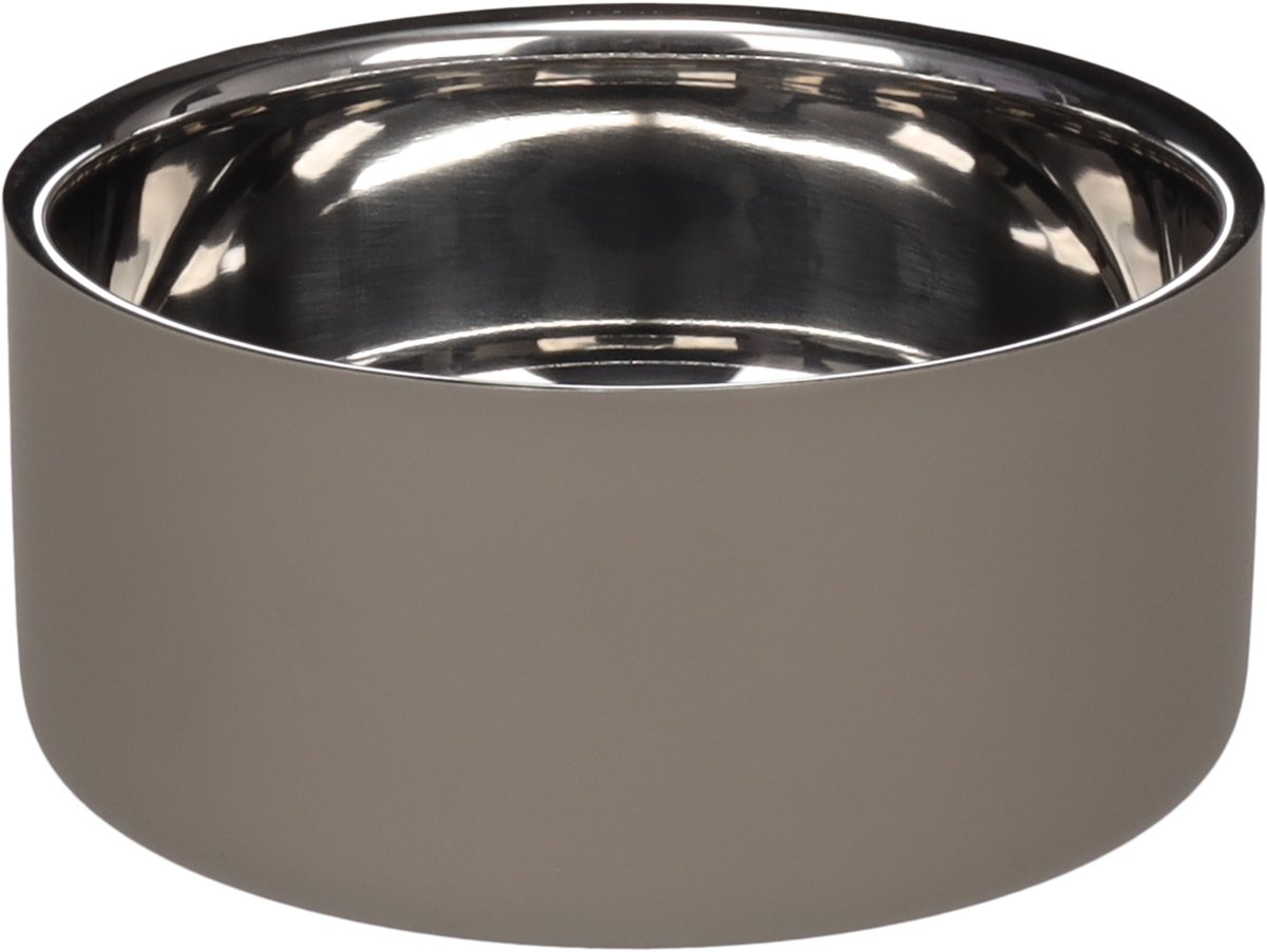 Voerbak hond - drinkbak hond - 1,2L - Xara Rond Taupe & Zilver - stijlvolle dubbelwandige inox voerbak - 17cm