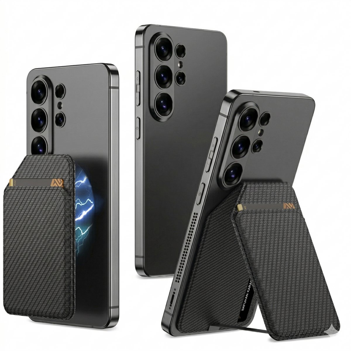 Casemania Magnetische Pasjeshouder met Kickstand Geschikt voor Samsung Smartphones - Carbon - Geschikt voor MagSafe Kaarthouder met Standaard - Creditcardhouder Wallet Geschikt voor Samsung S26/S25/S24/Plus/Ultra/A57/A56/A17/A16