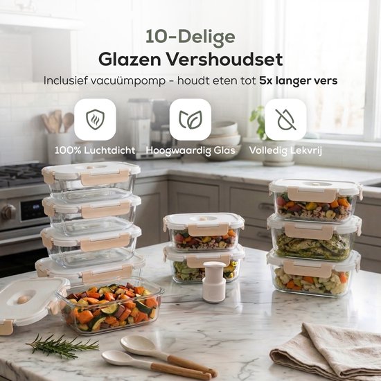 Boîtes de conservation en verre Élanor avec pompe à vide – Étanche et hermétique - Verre borosilicaté - Boîtes de préparation de repas - 5x plus frais grâce au couvercle sous vide - Set de 10 pièces Boîtes de congélation