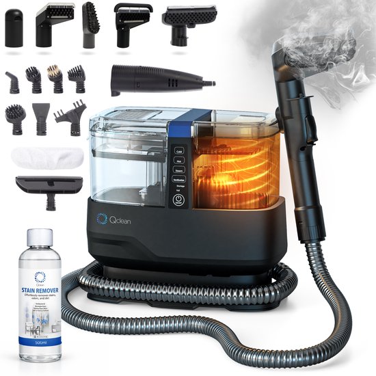 Qclean® Tapijtreiniger GO+ 1800W - All-in-1 Stoomreiniger & Vlekkenreiniger - Voor Tapijt, Meubels, Keuken & Badkamer - Zelfreinigend - Zetelreiniger - Bank reiniger- Reinigingsmachine - Waterstofzuiger - Incl. Schoonmaakmiddel