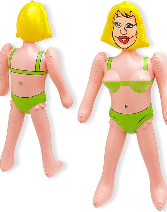 Opblaasbare pop met blond haar en groene bikini.