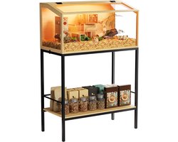 BingoPaw Moderne Hamsterkooi met Onderstel - Luxe Knaagdierverblijf van Gehard Glas & Multiplex - Ingebouwde LED-verlichting & Opbergplank - 80x40x116 cm - Naturel/Zwart