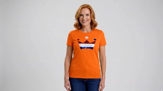 T-shirt slim fit femme drapeau néerlandais couronne avec séquence magique | Vêtements pour la Fête du Roi| Hollande | Championnats d'Europe - Championnats du monde - Jeux olympiques | Orange | taille XL