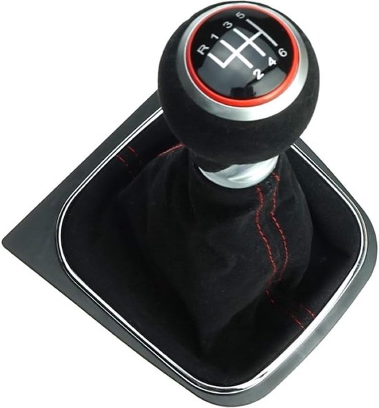 Versnellingspook Alcantara - Schakelpookknop Set - Auto Interieur Upgraden - Alcantara Met Rode Naad - 6 Versnellingen - Zwart van Merkloos — afbeelding 2