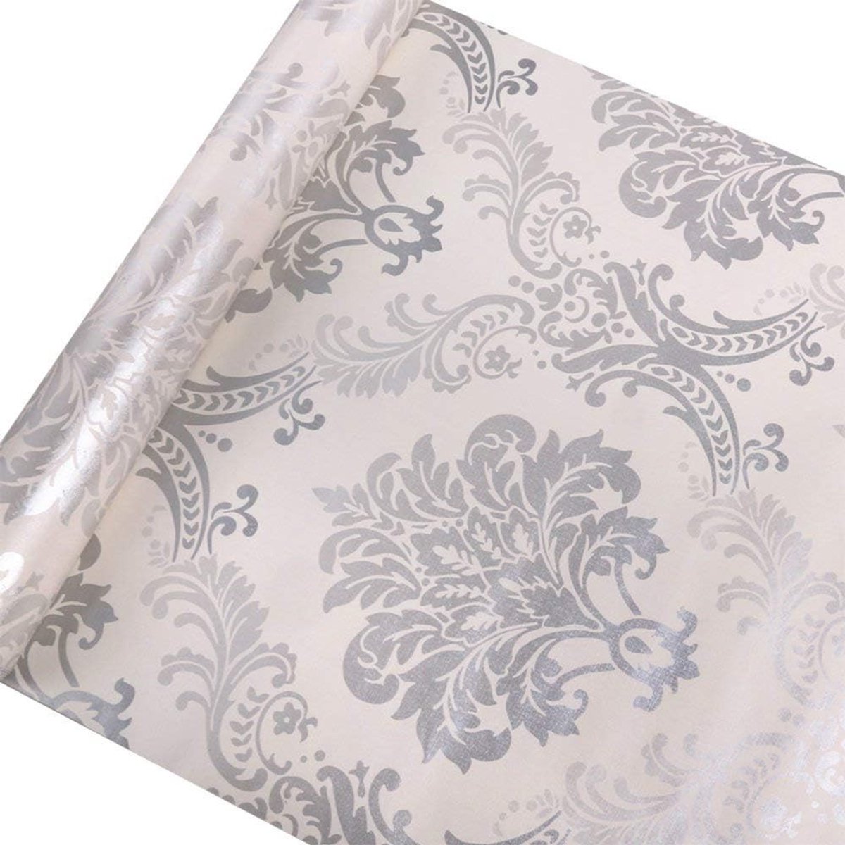 Eenvoudig verwijderbare zelfklevende wanddecoratie met zilver damastpatroon - 0.45 x 3m, ideaal voor interieur, wandbekleding en DIY-projecten
