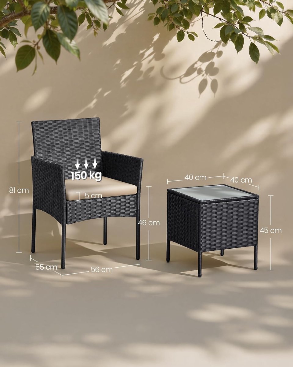 Balkonmeubelset 3-delig 52,5 x 52,5 cm – Polyrotan Loungeset met Tafel en 2 Stoelen, Weerbestendig, Inclusief Kussens, Zwart/Taupe – Nicolehome