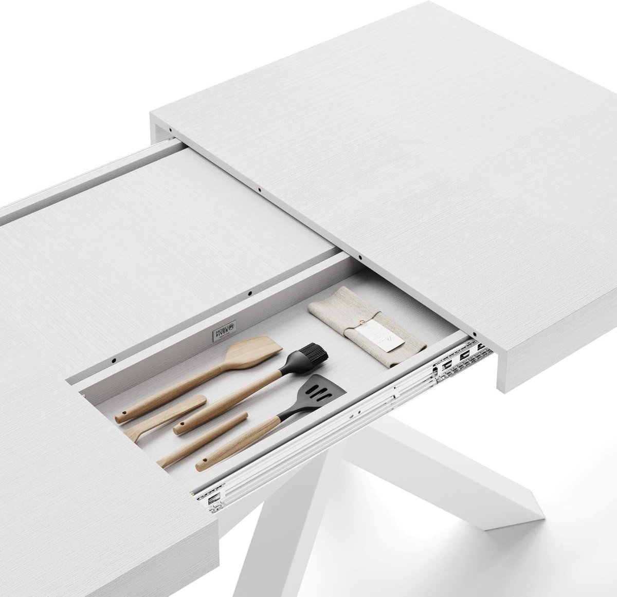 Uitschuifbare Eettafel 140-220 x 90 cm Moderne Luxe Eettafel voor 6-10 Personen met Metalen Kruispoten en Opbergruimte Waterafstotend Wit Essenhout Made in Italy Urbanhome