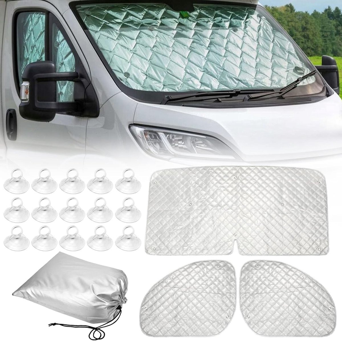 Zonnescherm voor Voorruit Auto - Thermische Mat voor Interieur Bescherming - Geschikt voor FIAT Ducato 2006-2021, 3-delige Set voor Zomer en Winter