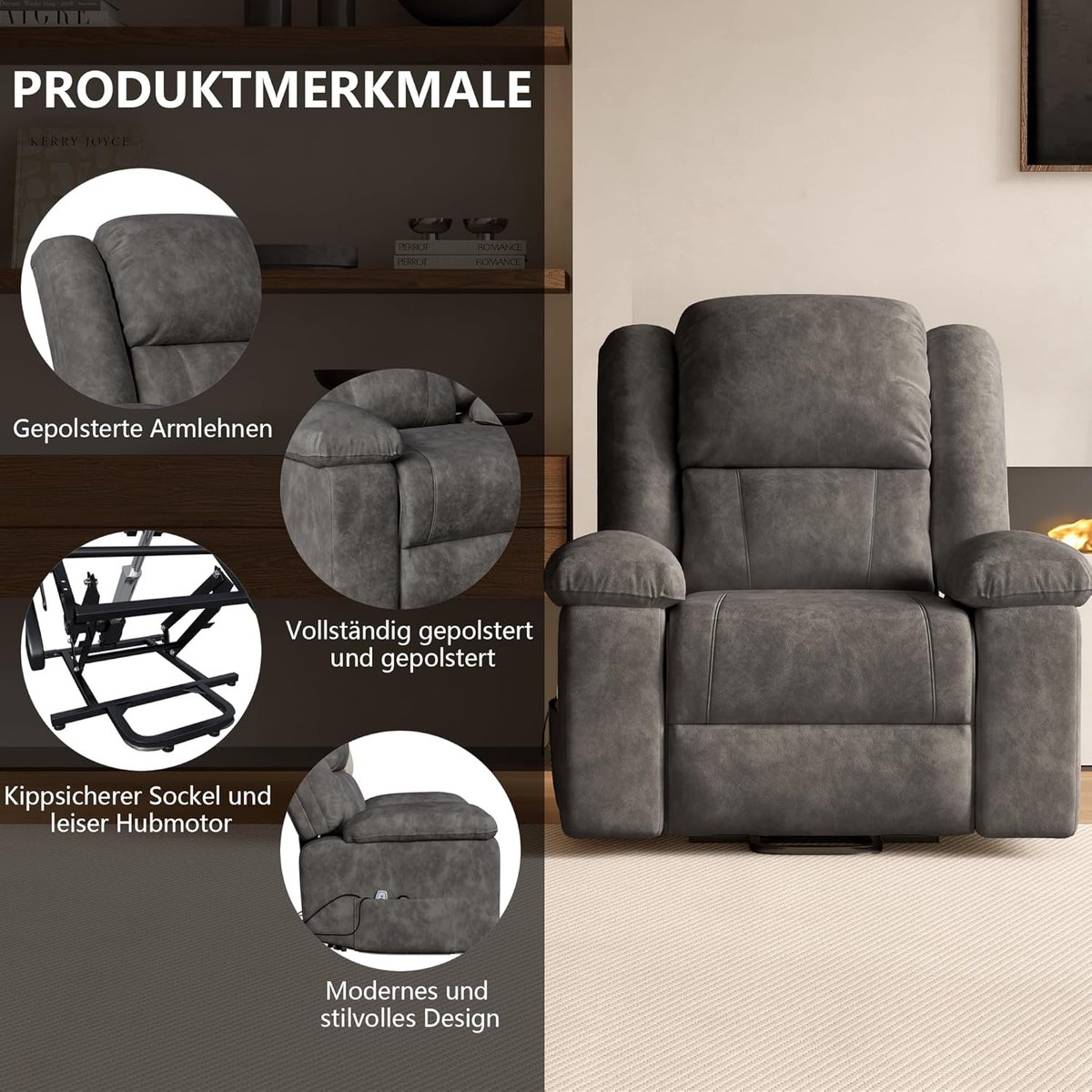Elektrische Stoel - Relaxfauteuil Opstahulp - Comfortabel Ontspannen - Met Massage Warmte - 93 x 102 x 106 cm - Donkergrijs – foto 2