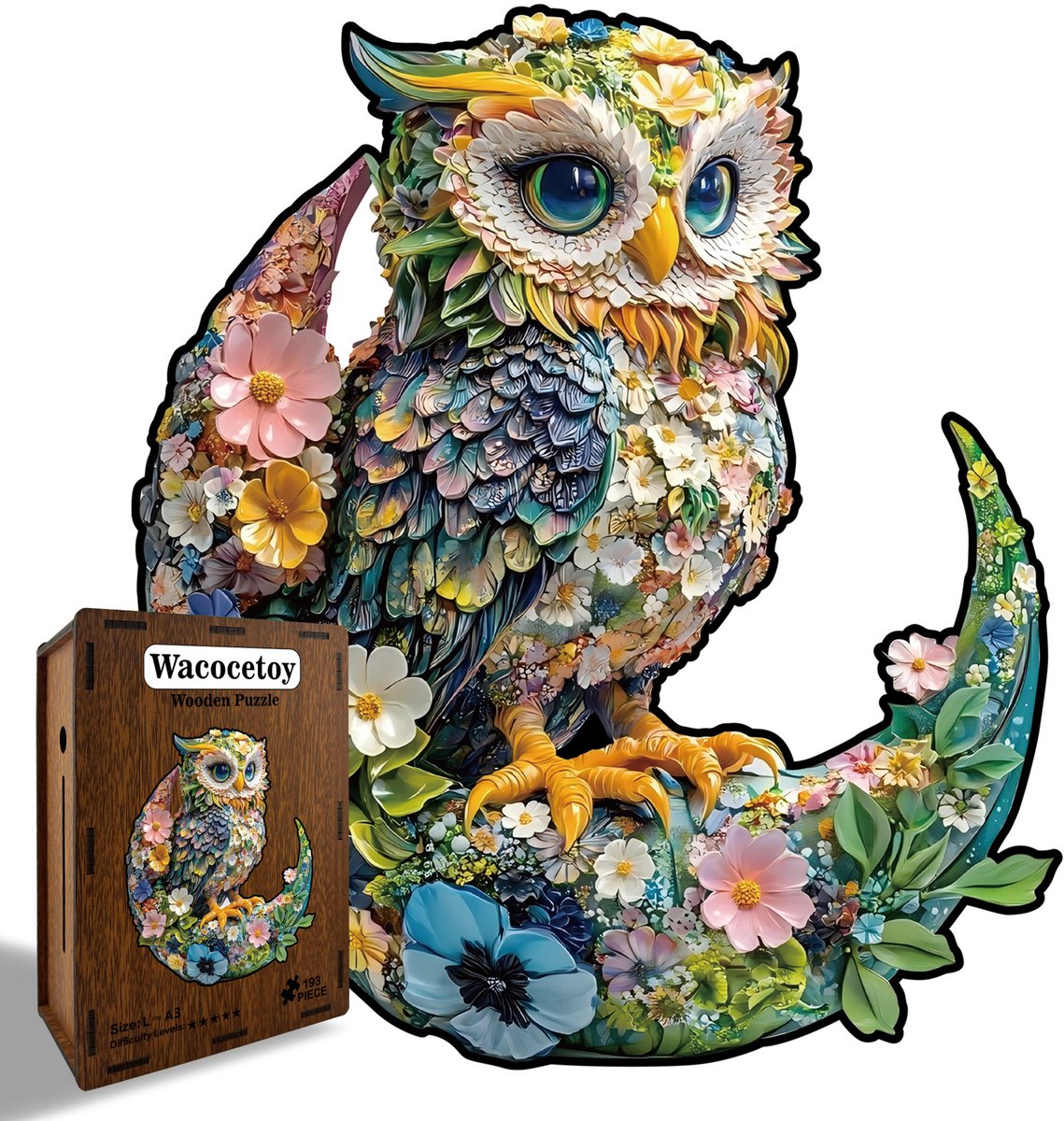 Kraftverdia Houten Puzzel voor Volwassenen 193 Stukjes – Uil – Unieke Vorm Puzzel