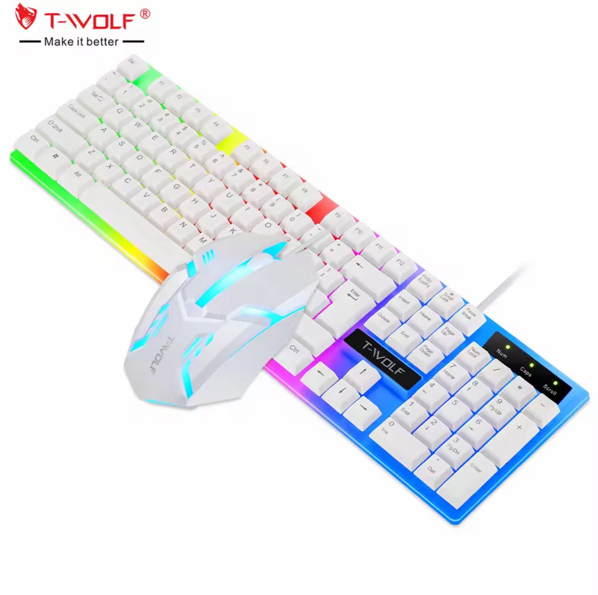 Gaming Toetsenbord en Muis Set RGB – Bedraad USB – 104 Toetsen – Regenboog Backlight – Waterbestendig – Wit – TF230