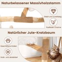 Detail van een natuurlijke houten kattenboom met jute krabpaal. Een kat speelt met het touw. Toont stevigheid en rustiek design.