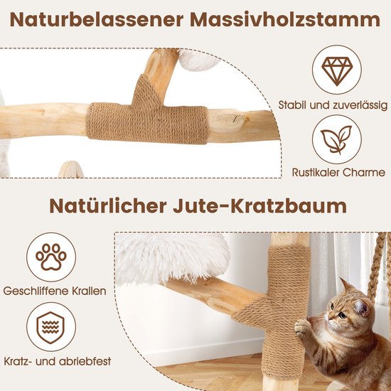 Detail van een natuurlijke houten kattenboom met jute krabpaal. Een kat speelt met het touw. Toont stevigheid en rustiek design.