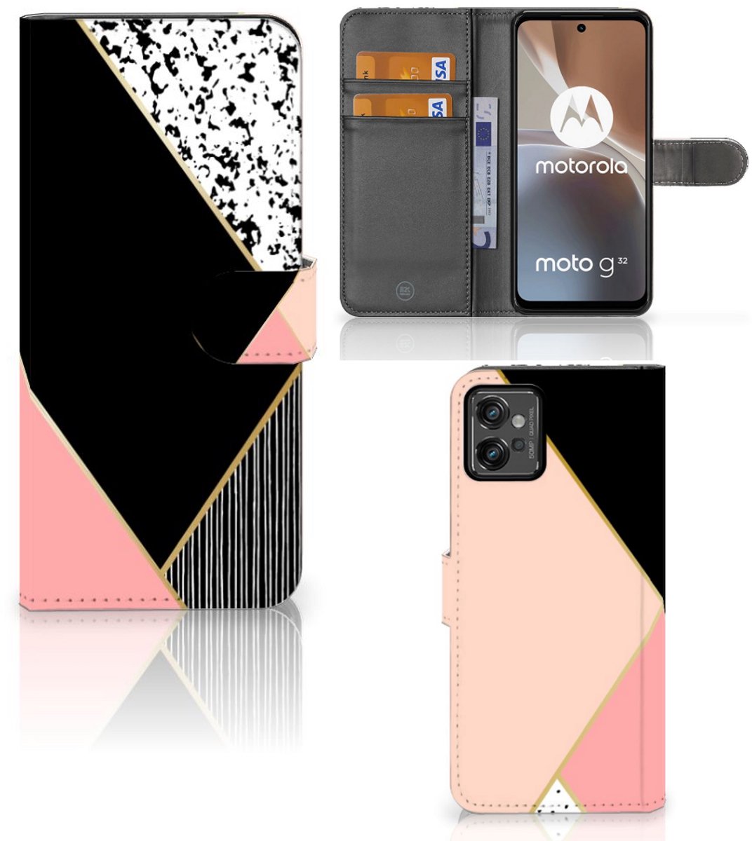 Motorola Moto G32 Book Case Zwart Roze Vormen