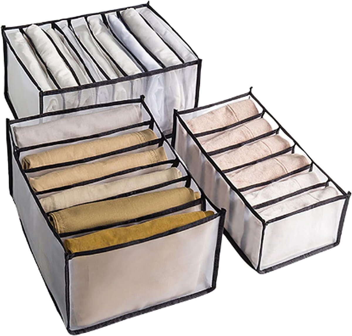 Opbergdozen Lade Organizer - Kleding Organizer Opvouwbaar - Garderobe Ordenen - Nylon Mesh Ademend - 3 Maten Set - Zwart