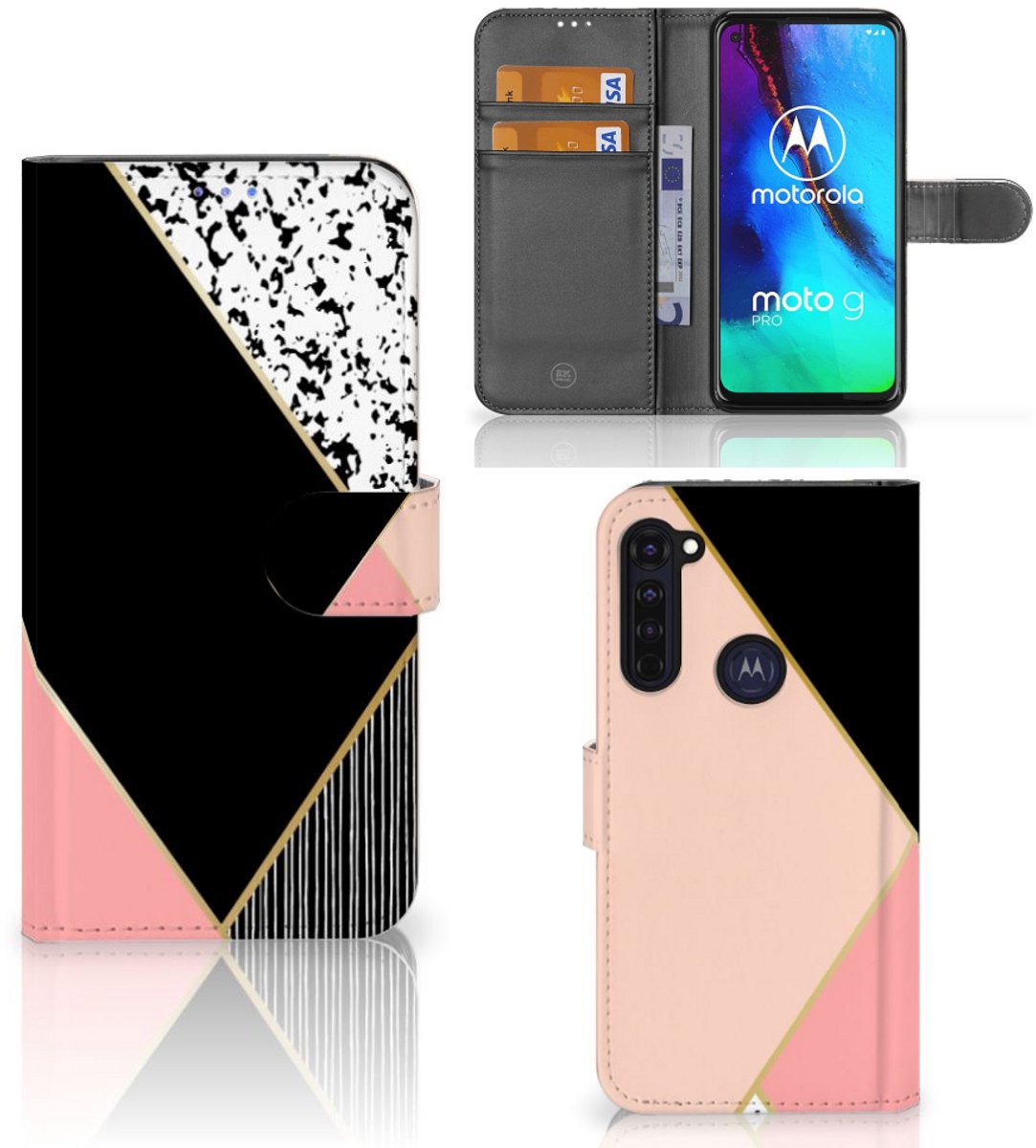 Motorola Moto G Pro Book Case Zwart Roze Vormen
