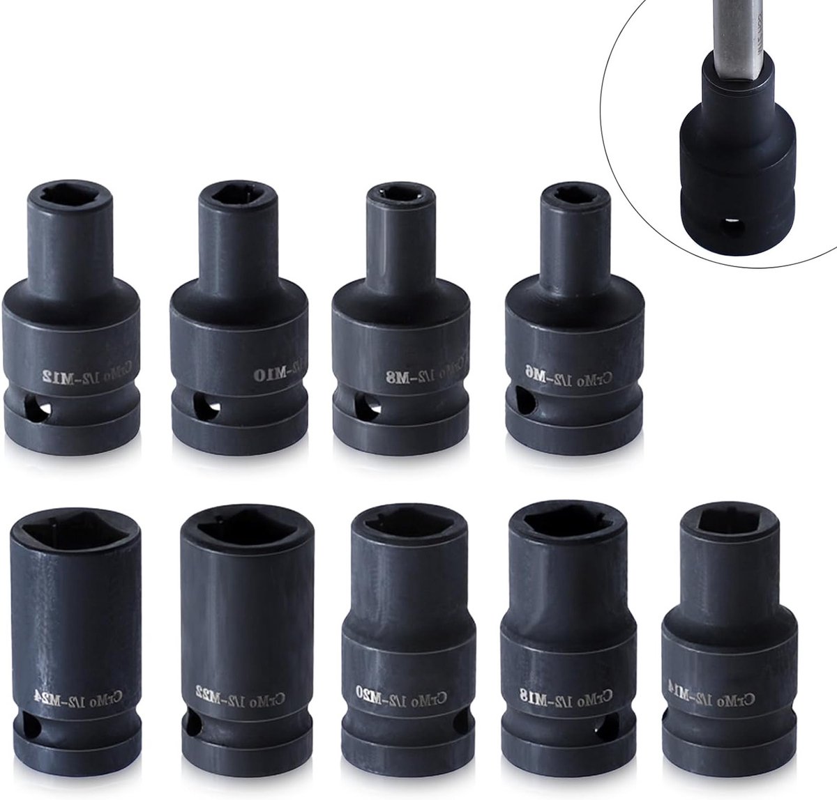Complete 9-delige tap socket set voor 1/2 inch aandrijving, geschikt voor elektrische en pneumatische gereedschappen, gemaakt van Cr Molybdeen staal, inclusief accessoires