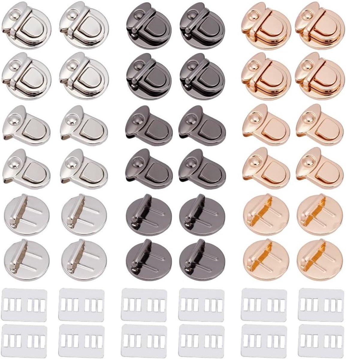 12 Sets Tuck Lock Sluitingen in 3 Kleuren, IJzeren Druksluitingen voor Leer, Handtassen en Portemonnees, 33x30x19mm