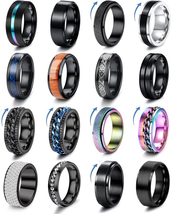 Twaalf diverse spinnerringen, variërend in design: met gekleurde banden, houtinleg, drakenpatronen, schakelkettingen, kristallen en gladde afwerkingen.