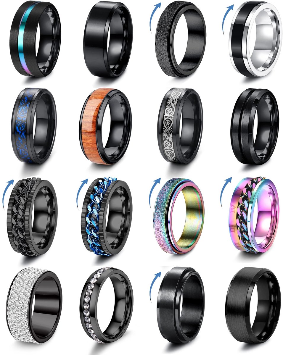 Cosensi - Spinner Ringen - Fidget Ringen - Anti-angst en stijlvolle keuze - Zwart en groen - Ringen voor verjaardag en huwelijk - 16 stuks - Voor m...