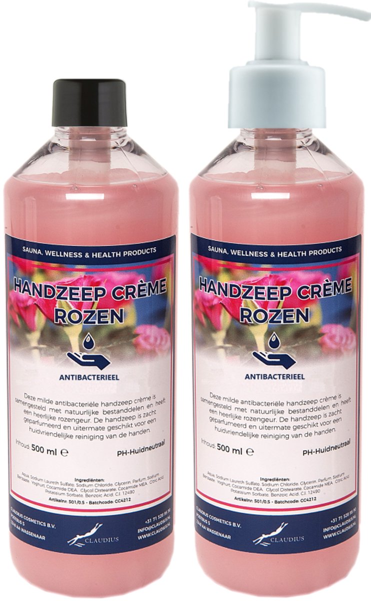 Handzeep Crème Rozen 500 ml - set van 2 stuks - met gratis pomp - Voordeelverpakking