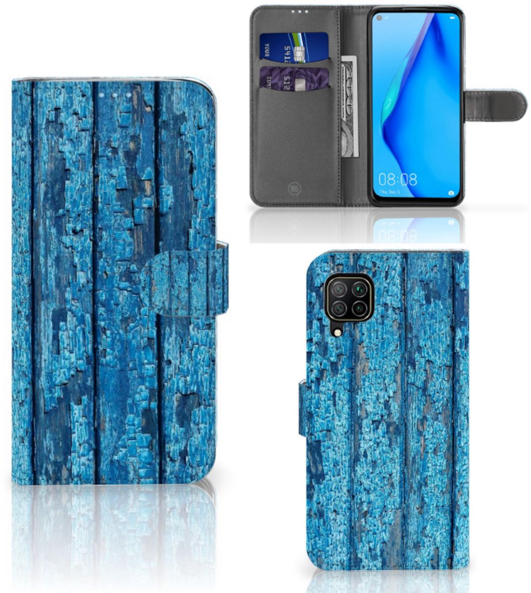 Huawei P40 Lite Book Style Case Wood Blue