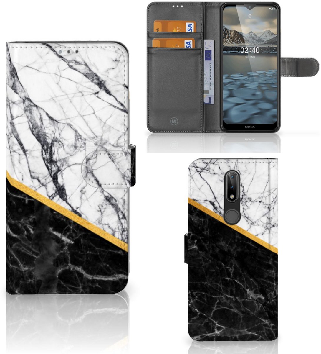Nokia 2.4 Bookcase Marmer Wit Zwart - Origineel Cadeau Man