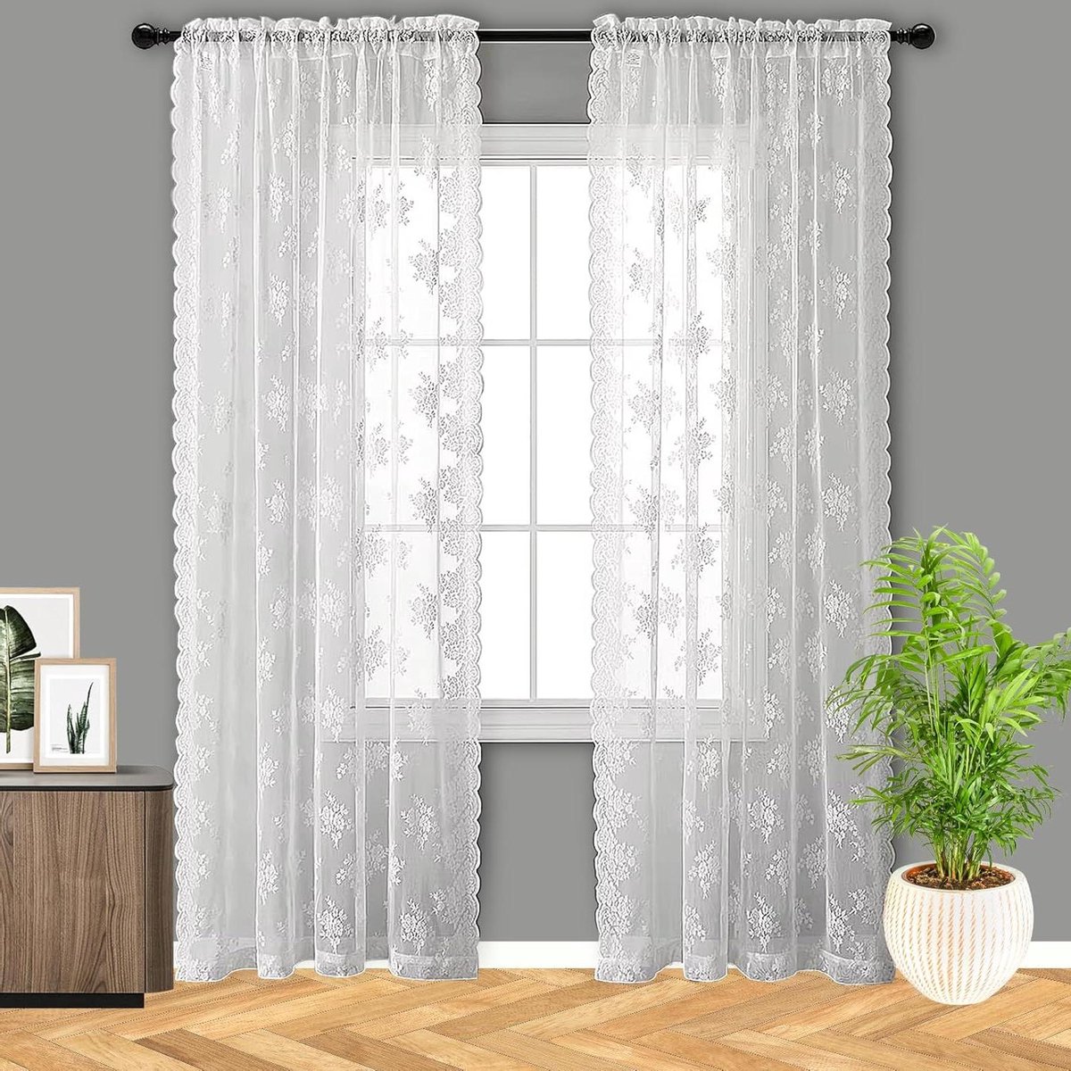 Luxe Kant Gordijnen - Transparante Vitrage - Sfeervolle Woning - Landelijk Borduurwerk - 150x200cm Per Stuk - Wit